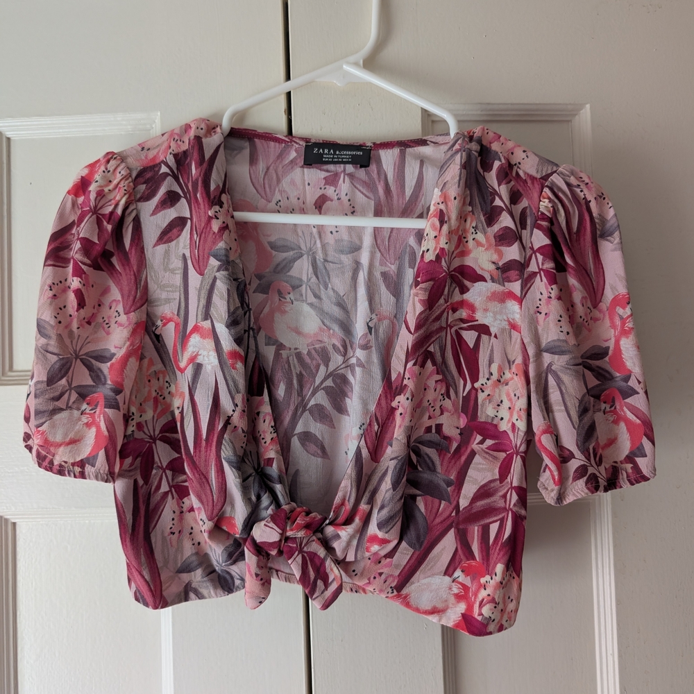 Brand NewZara Tropical Pink Tie Front Wrap Flamingos And Flowers Farm Rio Style